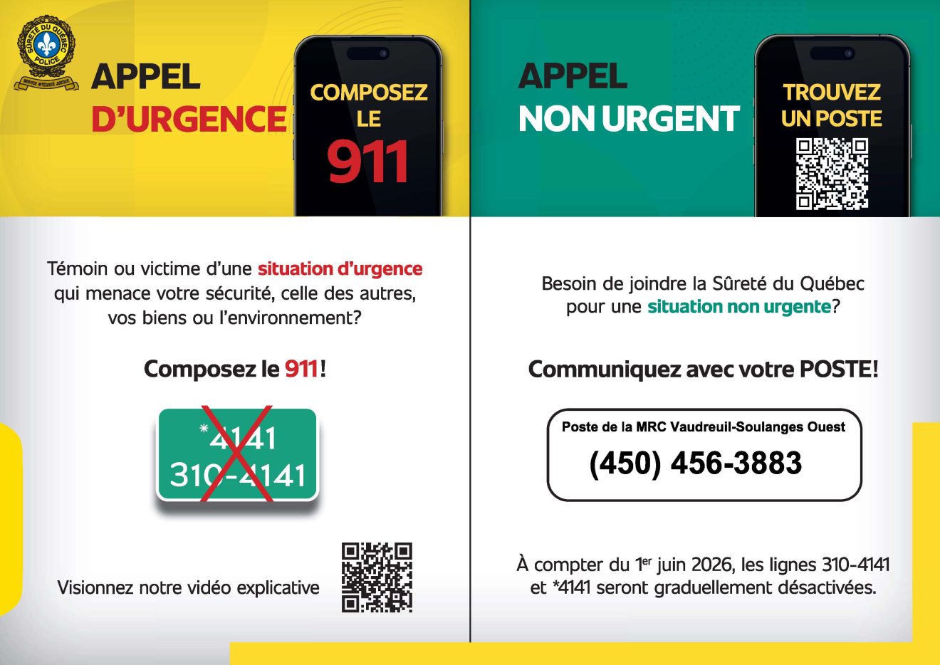 Sûreté du Québec - Retrait progressif des lignes téléphoniques 310-4141 et *4141