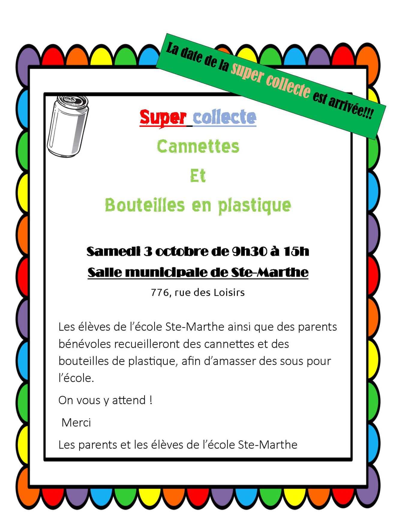ÉCOLE SAINTE-MARTHE | Collecte de canettes et bouteilles le 3 octobre